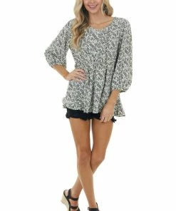 Jodifl Tops Cream And Black Floral Print Drop Waist Button Up Blouse