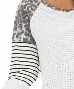 BiBi White Waffle Knit Top With Striped And Leopard Print Contrast 36 BiBi White Waffle Knit Top With Striped And Leopard Print Contrast