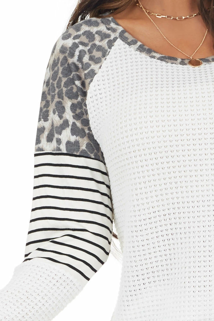 BiBi White Waffle Knit Top With Striped And Leopard Print Contrast 19 BiBi White Waffle Knit Top With Striped And Leopard Print Contrast