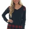 Vanilla Bay Black Raw Edge Knit Top With Plaid Contrast