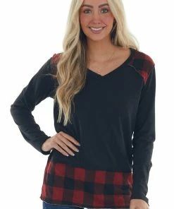 Vanilla Bay Black Raw Edge Knit Top With Plaid Contrast