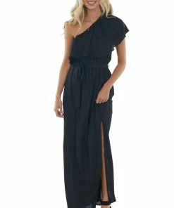 Fantastic Fawn Dresses Black One Shoulder Ruffle Overlay Maxi Dress