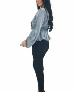 Peach Love Steel Metallic Drop Waist Surplice Peplum Top 34 Peach Love Steel Metallic Drop Waist Surplice Peplum Top