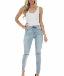Sneak Peek Light Wash High Rise Knee Torn Skinny Jeans Bottoms