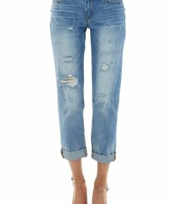 Special A Medium Wash Mid Rise Distressed Jeans With Rolled Cuffs Bottoms