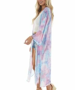 Ninexis Sky Blue Tie Dye Open Front Chiffon Kimono Tops