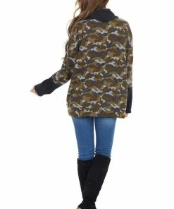 BucketList Olive Camo Print Pullover With Cowl Neck And Kangaroo Pouch