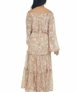 Flying Tomato Nude Floral Print Gold Speck Tiered Maxi Dress