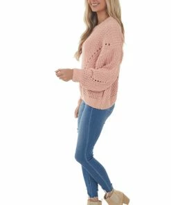 Charlotte Avery Peach Chenille Bubble Sleeve Cut Out Sweater