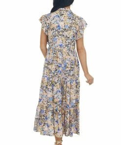 Entro Black Floral Rouched Flutter Sleeve Maxi Dress Dresses