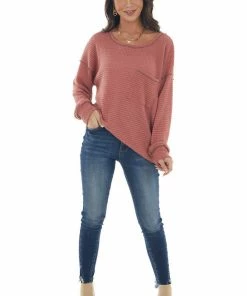 BiBi Hazy Coral Loose Waffle Knit Chest Pocket Top 27 BiBi Hazy Coral Loose Waffle Knit Chest Pocket Top