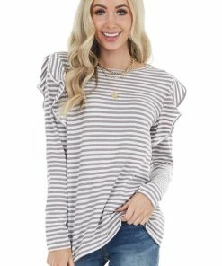 Doe & Rae Mocha And Ivory Striped Long Sleeve Top With Ruffle Detail