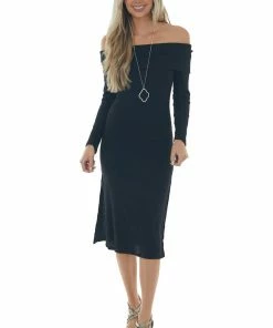 L Love Black Ribbed Off Shoulder Bodycon Midi Dress Dresses