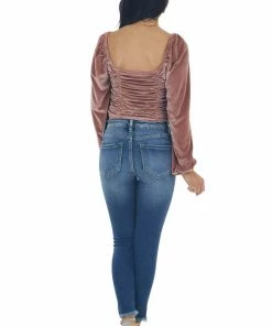 She + Sky Dusty Rose Long Puff Sleeve Ruched Velvet Top