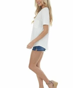 Style Melody Ivory Short Sleeve Chest Pocket Knit Top Tops