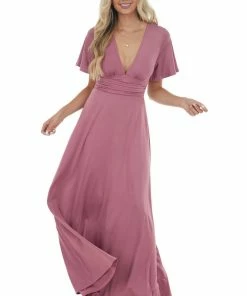 Dress Day Mauve Short Sleeve Empire Waist Maxi Dress