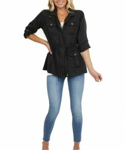C'est Toi Black Long Sleeve Jacket With Front Pocket Details Outerwear