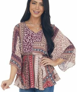 Andree Coffee And Blush Peplum Multiprint Top Tops
