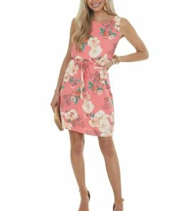 Staccato Coral Floral Print Short Dress With Waist Tie