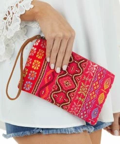 Urbanista Hibiscus Thread Printed And Beaded Soft Woven Clutch Purse Accessories
