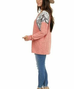BiBi Tops Coral Long Sleeve Top With Leopard And Snakeskin Print 30 BiBi Tops Coral Long Sleeve Top With Leopard And Snakeskin Print