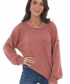 BiBi Hazy Coral Loose Waffle Knit Chest Pocket Top 23 BiBi Hazy Coral Loose Waffle Knit Chest Pocket Top