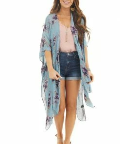 ANGIE Teal Floral Print Half Sleeve Kimono With Side Slits