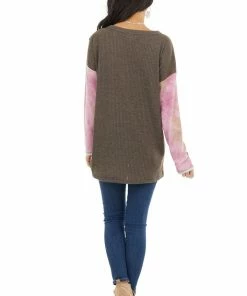 BiBi Tops Taupe And Blush Colorblock Long Sleeve Top With Tie Dye 31 BiBi Tops Taupe And Blush Colorblock Long Sleeve Top With Tie Dye