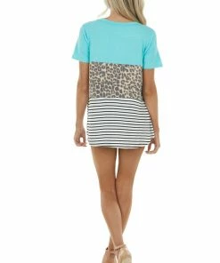 HEIMISH Turquoise Contrast Multiprint V Neck Short Sleeve Knit Top Tops