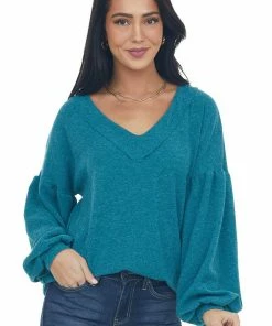 143 Story Tops Teal Reverse Seam V Neck Puff Sleeve Knit Top
