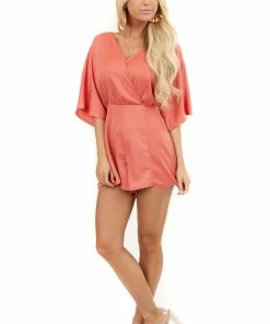 Wishlist Dresses Brick Red Short Sleeve Woven Surplice Romper