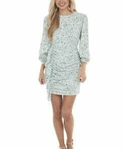 Entro Mint Floral Long Sleeve Ruched Short Dress Dresses