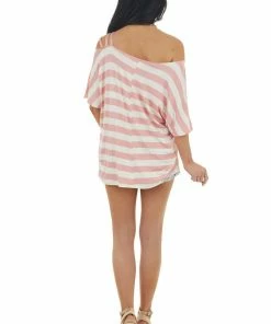 BiBi Blush Pink And Cream Striped Cold Strapped Shoulder Knit Top Tops 31 BiBi Blush Pink And Cream Striped Cold Strapped Shoulder Knit Top Tops