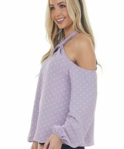 143 Story Tops Lilac Swiss Dot Cold Shoulder Halter Blouse