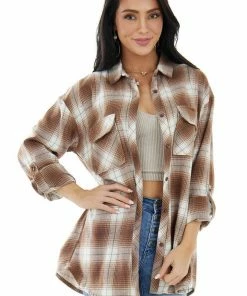 Vine & Love Dark Sepia And Vanilla Plaid Flannel Top Tops