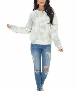 Lush Clothing Sage And Cream Tie Dye Top With Long Drop Shoulder Sleeves Tops