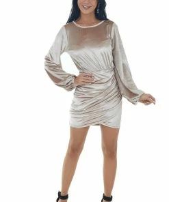 Main Strip Latte Velvet Mini Dress With Surplice Back And Tie Detail Dresses