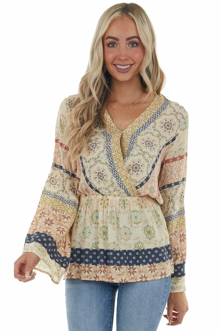 Doe & Rae Light Beige Printed Surplice Swiss Dot Blouse 11 Doe & Rae Light Beige Printed Surplice Swiss Dot Blouse