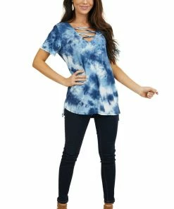 GeeGee Blue Tie Dye Short Sleeve Knit Top With Cutout Details