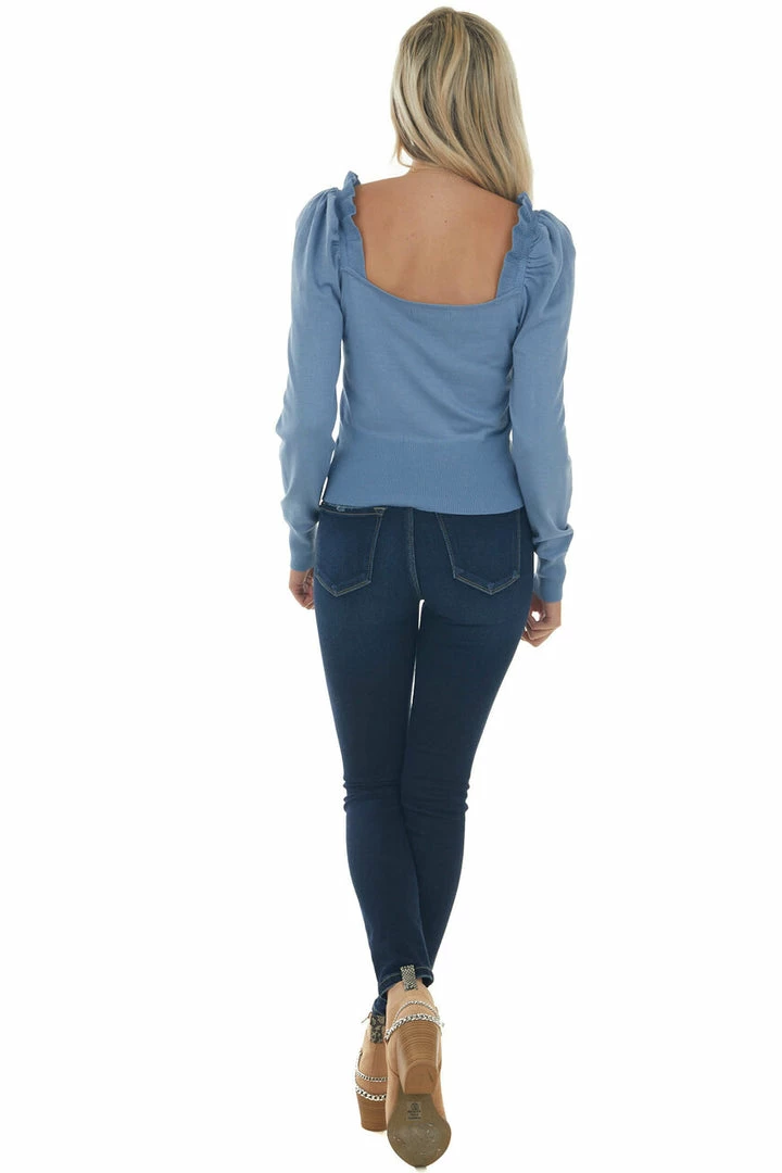 Style Melody Dusty Blue Frill Trim Puff Shoulder Sweater Tops 13 Style Melody Dusty Blue Frill Trim Puff Shoulder Sweater Tops