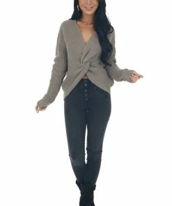 Style Melody Taupe Long Sleeve Knit Sweater With Back Twist Detail