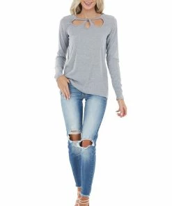 143 Story Tops Dove Grey Long Sleeve Textured Knit Top With Chest Cutout