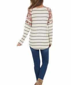 Lovely Melody Heathered Beige Striped Knit Top With Leopard Print Contrast Tops