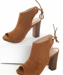 Intouch Footwear Shoes Caramel Suede Peep Toe Sling Back Tie Bootie