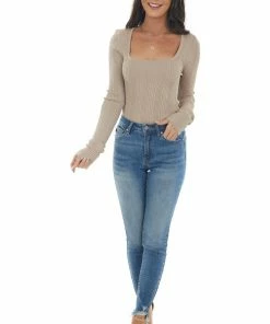 Emory Park Latte Ribbed Knit Top With Cut Out Back Tops