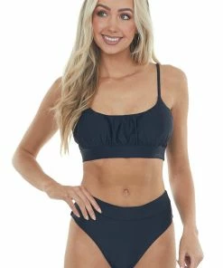 Mermaid Swimwear Black Ruched Scoop Neck High Leg Bikini Set Accessories