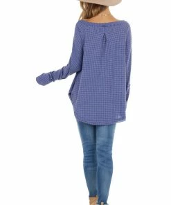 BucketList Tops Dusty Blue Waffle Knit Long Sleeve Top With Thumb Holes