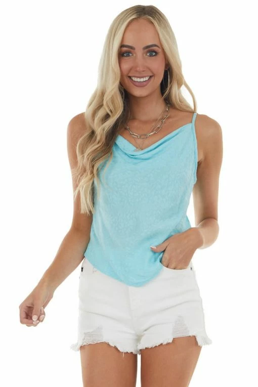 Blue Buttercup Sky Blue Leopard Draped Neck Handkerchief Cami Tops