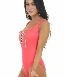 Beach Joy Bikini Hot Pink Ribbed Open Back Solid Swimsuit With Lace Up Front