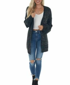 Davi & Dani Black Multicolor Cardigan With Bubble Sleeves Cardigans